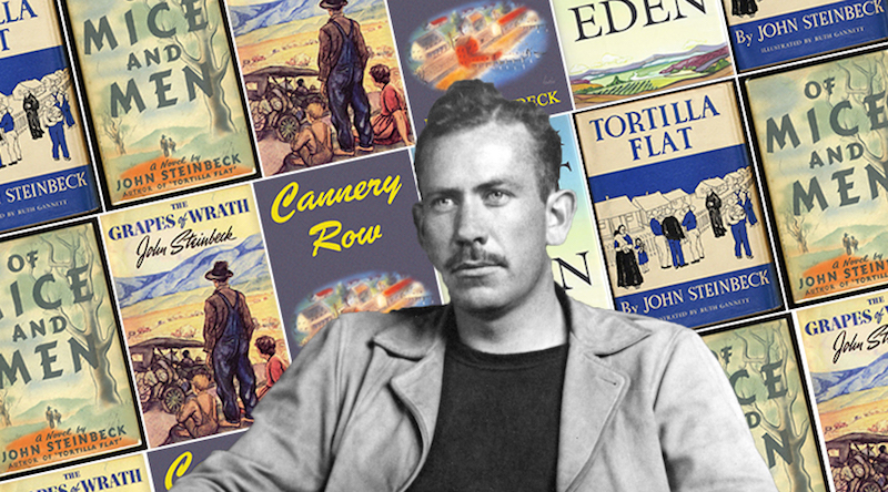Steinbeck and his different novels cover page behind him