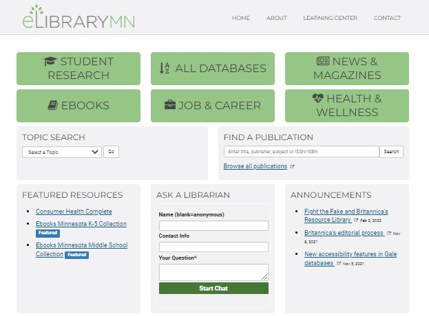 The homepage of Electronic Library For Minnesota (ELM) features different categories such as student research, all databases, and many more 