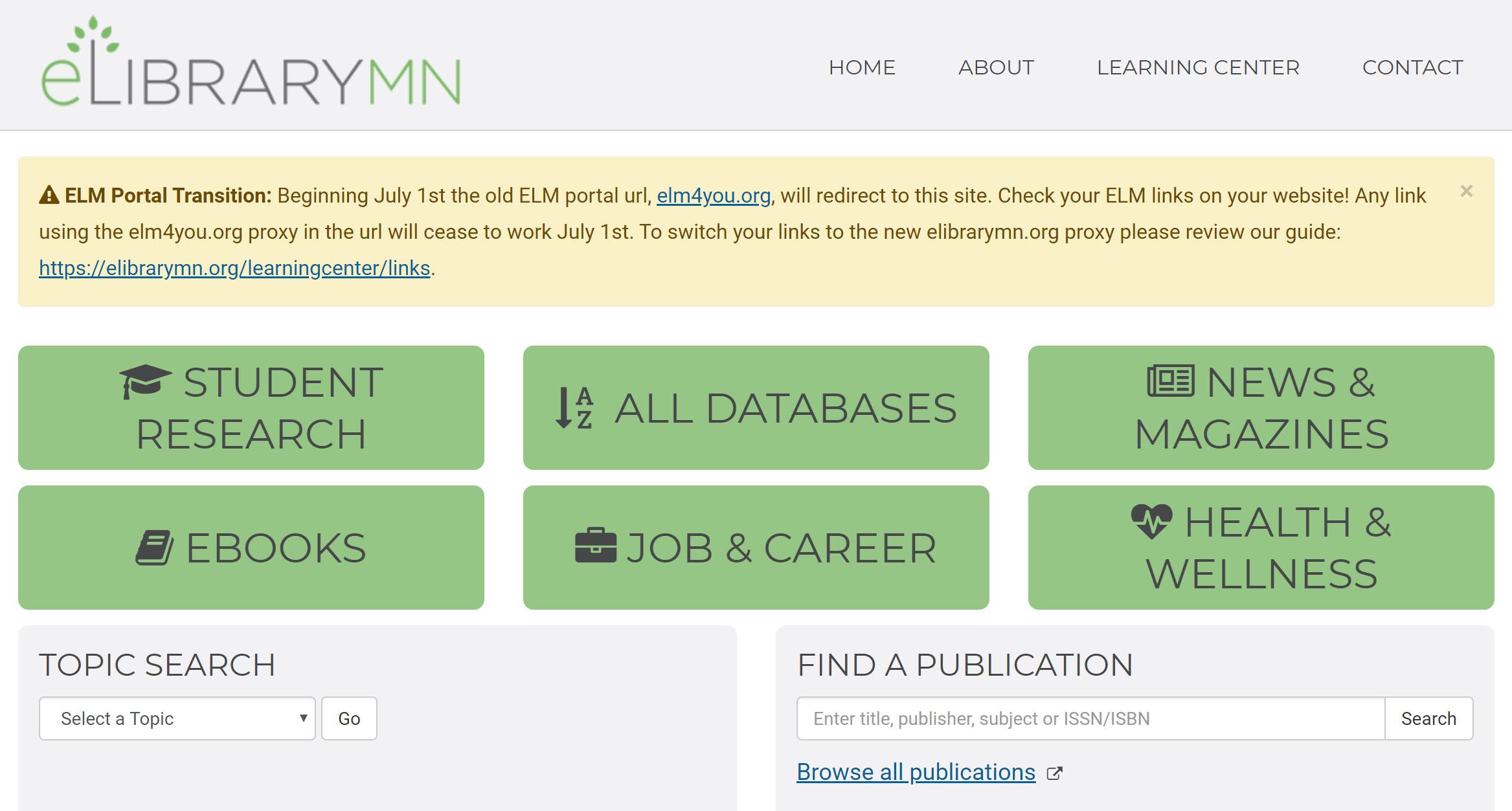 ELM 4 you webpage with Elibrarymn new logo and different green research buttons